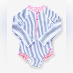 NWOT RUFFLE BUTTS Periwinkle Blue Seersucker Long Sleeve Rashguard Swimsuit - 6Y